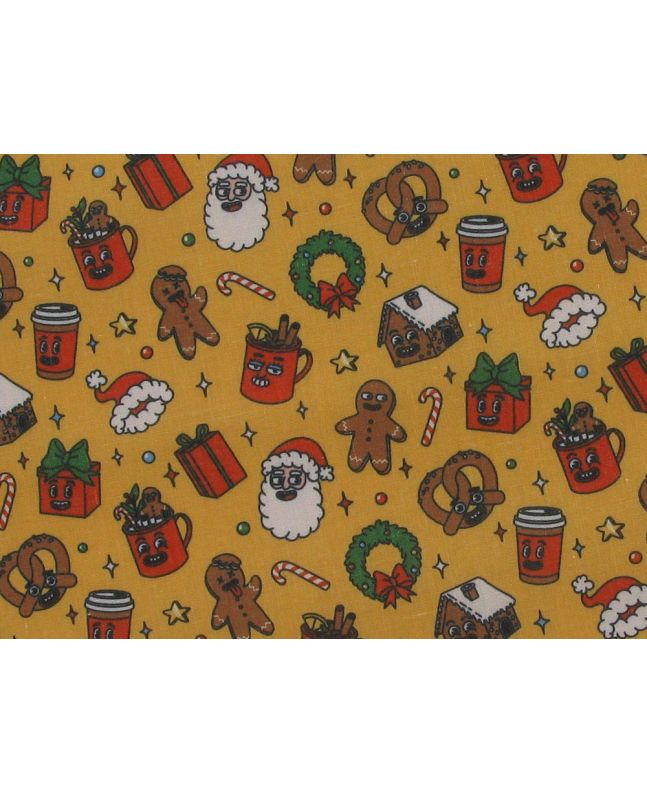 Cartoon Christmas Polycotton Print, Yellow