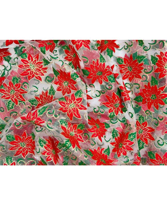 Christmas Foil Print Organza, Poinsettia