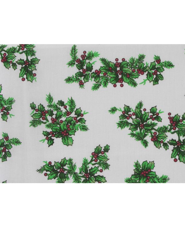 Christmas Holly Bunch Polycotton Print, White