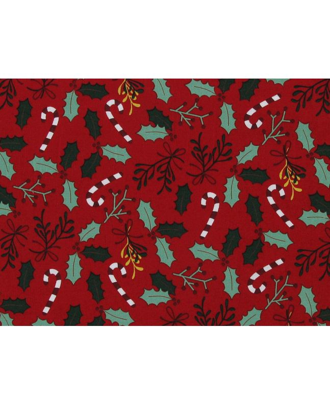 Christmas Holly Candy Cane Cotton Poplin Print, Red