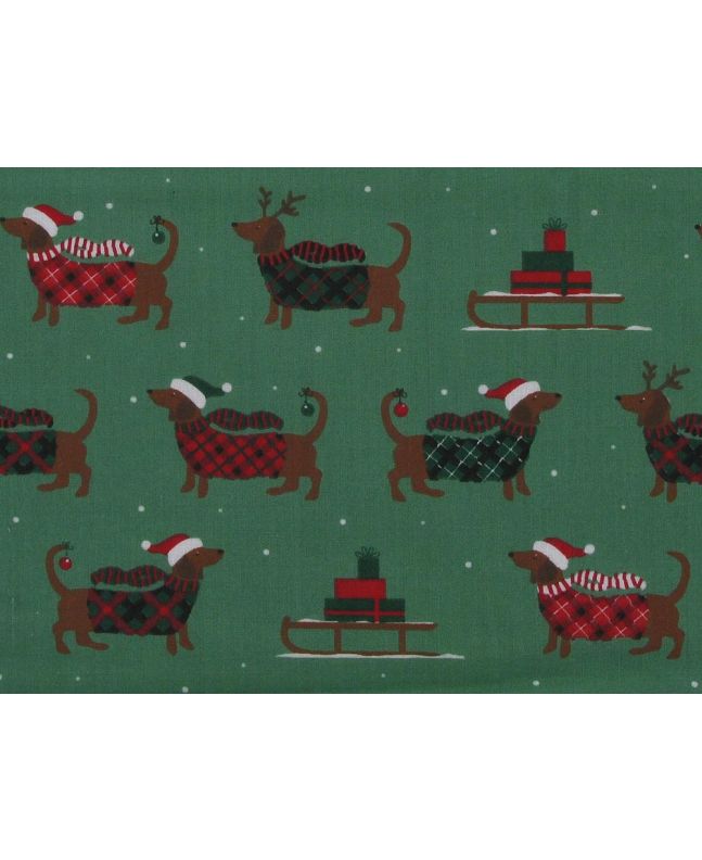 Christmas Sausage Dog Polycotton Print, Green
