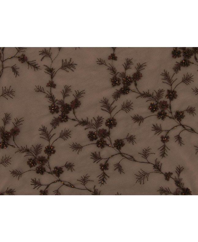 Camelia Crest Embroidered Scalloped Edged Sequin Tulle, Chocolate