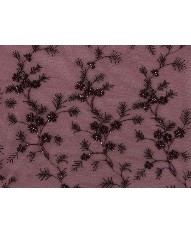 Camelia Crest Embroidered Scalloped Edged Sequin Tulle, Crimson