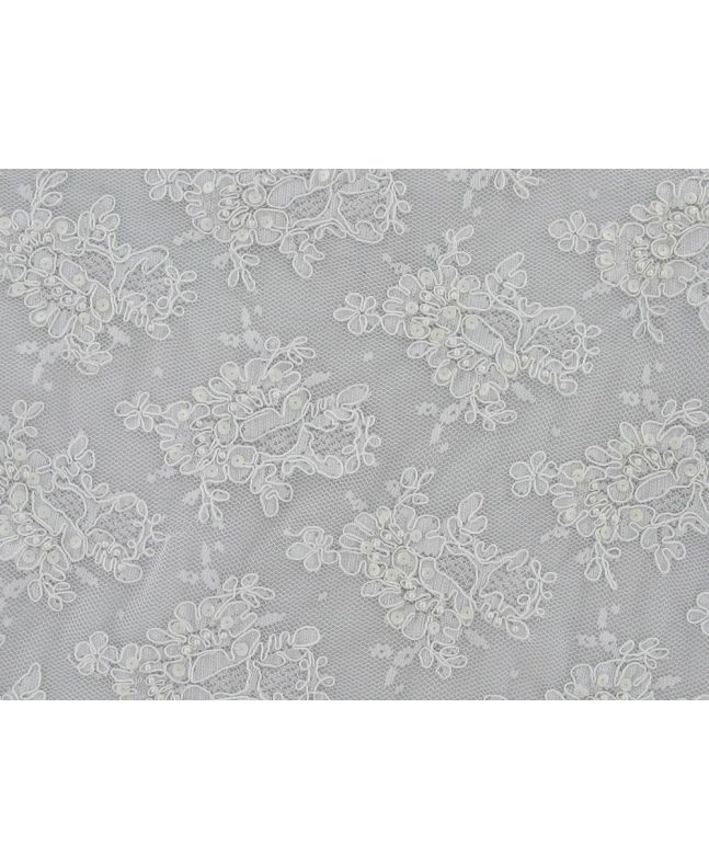 Rose Damask Embroidered Scalloped Edged Sequin Tulle, White