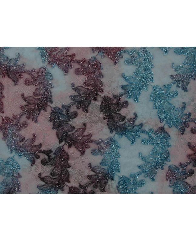 Floral Wave Embroidered Scalloped Edged Tie Dye Sequin Tulle, Claret and Blue