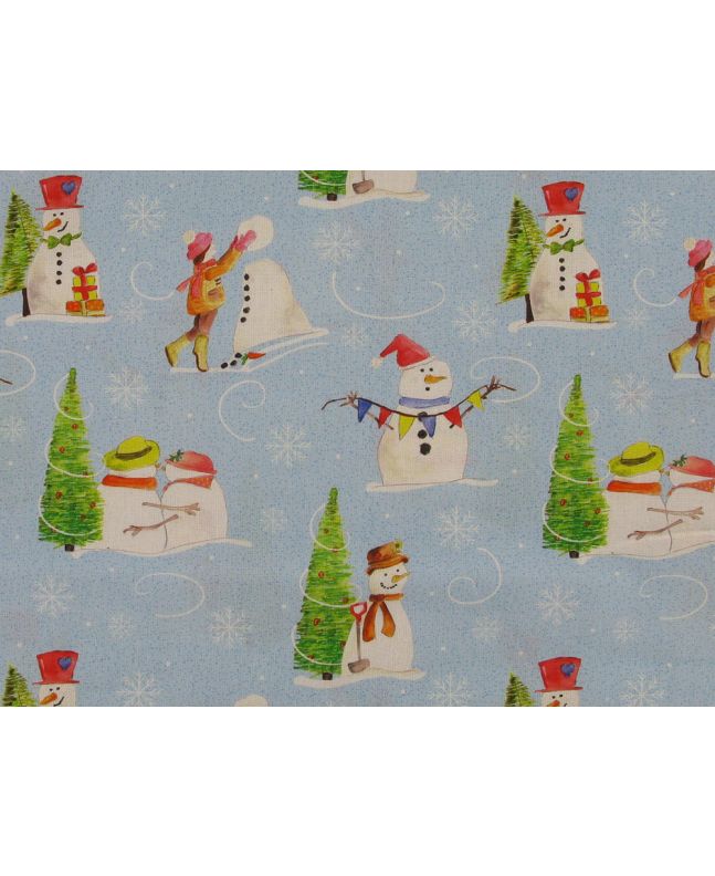 Fairytale Snowman Cotton Print, Sky Blue