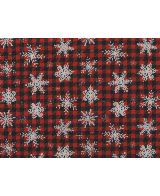 Falling Snowflakes Check Polycotton Print, Red and Black