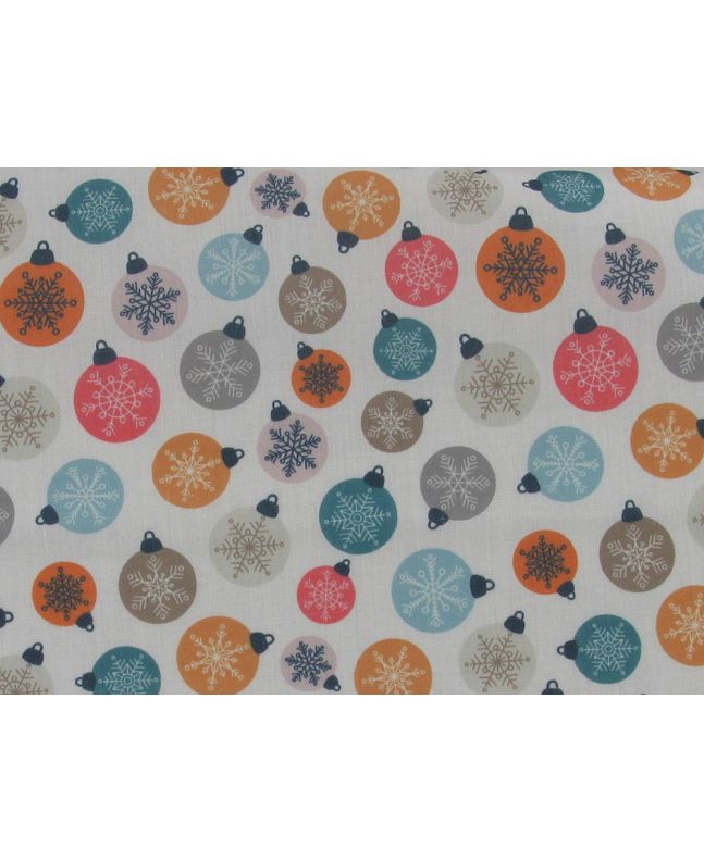 Festive Christmas Baubles Polycotton Print, White