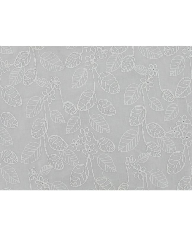 Floral Leaves Embroidered Cotton Voile, White