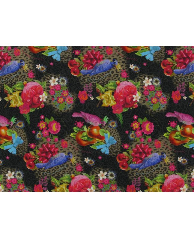 Floral Parrots Cotton Canvas, Black