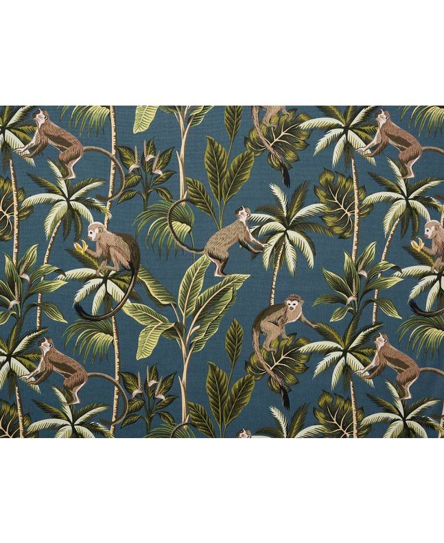 Heavy Cotton Printed Panama Curtain Fabric Monkey Jungle, Teal