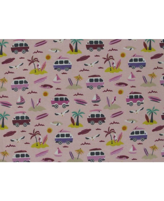 Holiday Campers Cotton Jersey Print, Pink