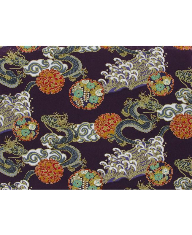 Isumi Japanese Foil Cotton Print, Dragon Symbol, Purple