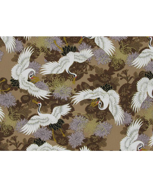 Isumi Japanese Foil Cotton Print, Floral Crane, Beige