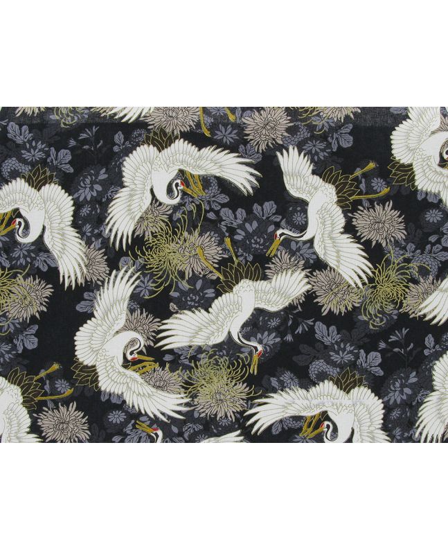 Isumi Japanese Foil Cotton Print, Floral Crane, Black