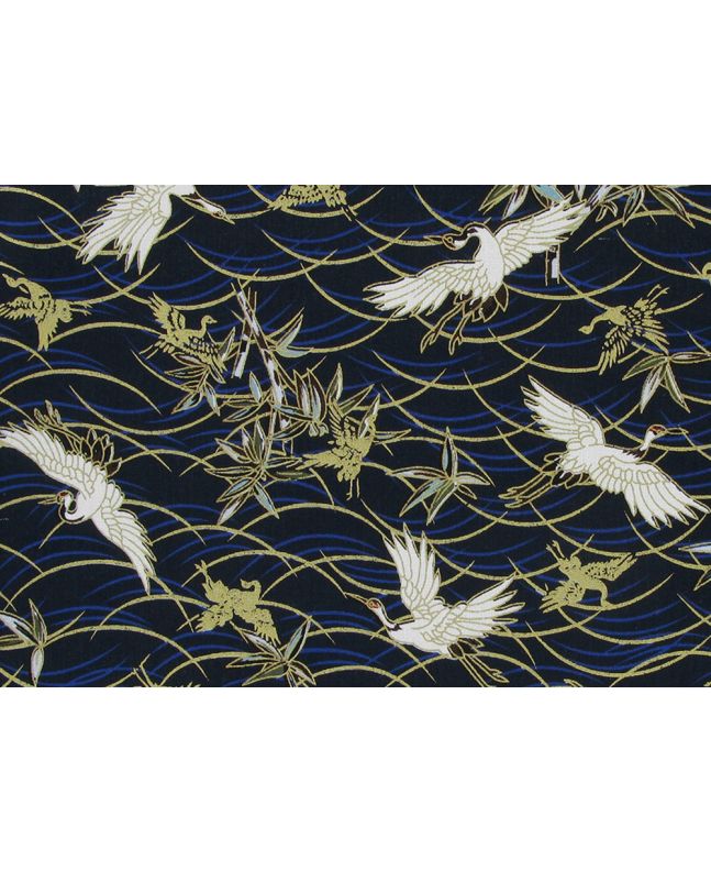 Isumi Japanese Foil Cotton Print, Swooping Crane, Navy