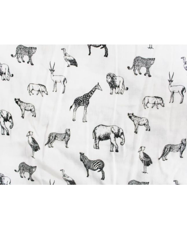 Jungle Animals Printed Flat Double Gauze, White