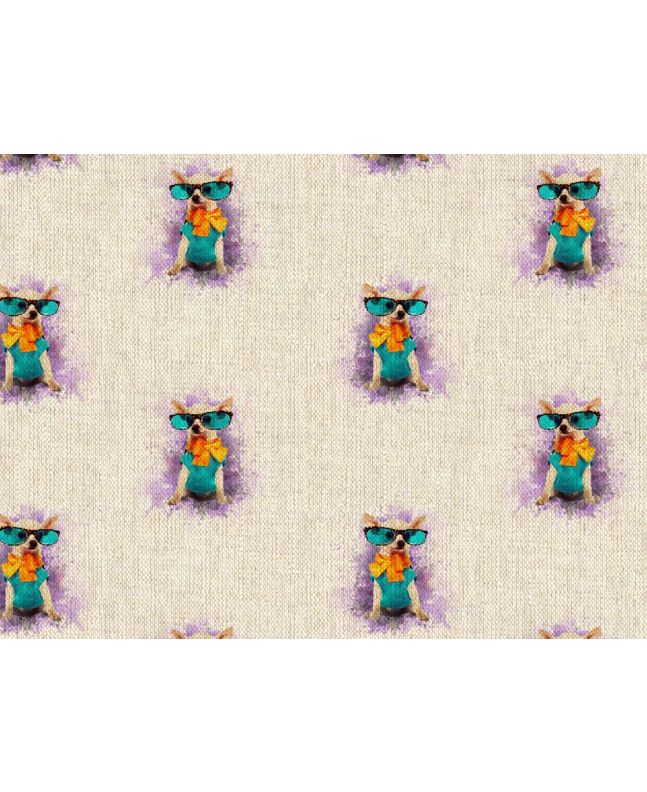 Linen Look Printed Panama, Chihuahua Glasses, Blue