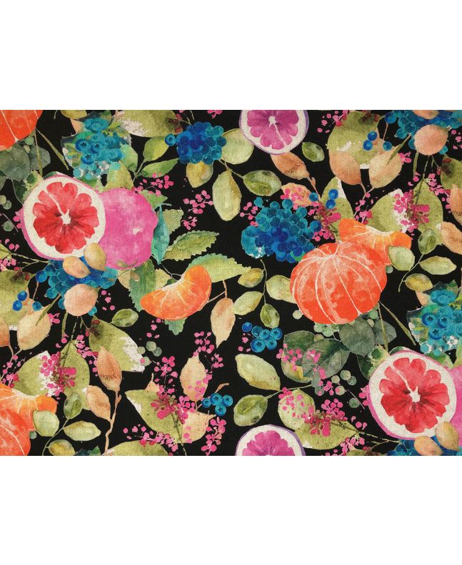 Linen Look Printed Panama Fruit Garden, Black