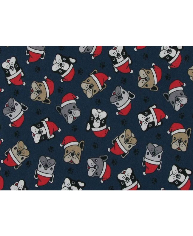 Merry Bulldogs Christmas Cotton Jersey Print, Navy