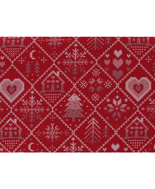 Snowflake Grid Knit Christmas Cotton Print, Red