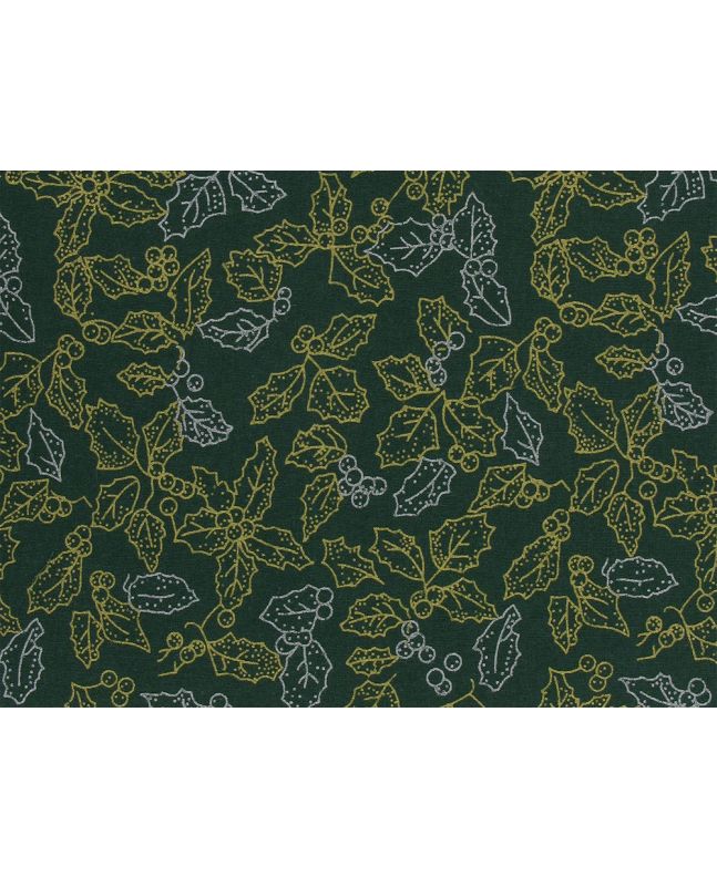 Metallic Foil Christmas Cotton, Holly Outline, Green