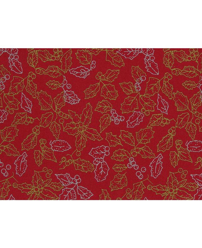 Metallic Foil Christmas Cotton, Holly Outline, Red