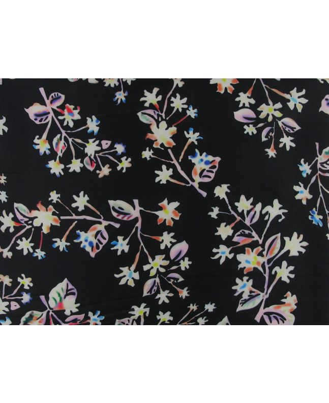 Painted Floral Vines Faux Silk Charmeuse, Black