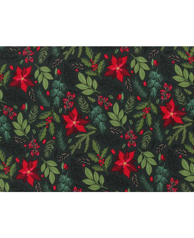 Poinsettia and Holly Christmas Cotton Poplin, Bottle