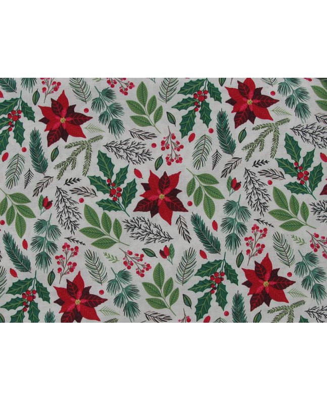 Poinsettia and Holly Christmas Cotton Poplin, Ivory