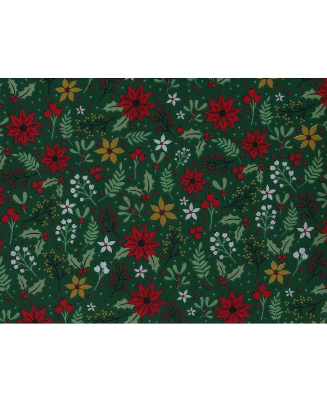 Poinsettia Christmas Polycotton Print, Dark Green
