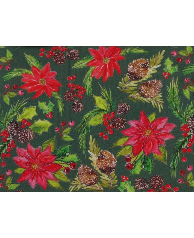 Poinsettias and Pinecones Cotton Print, Green