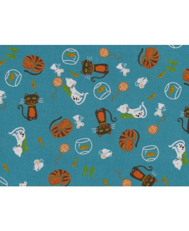 Kitty Snooze Polycotton Print, Turquoise