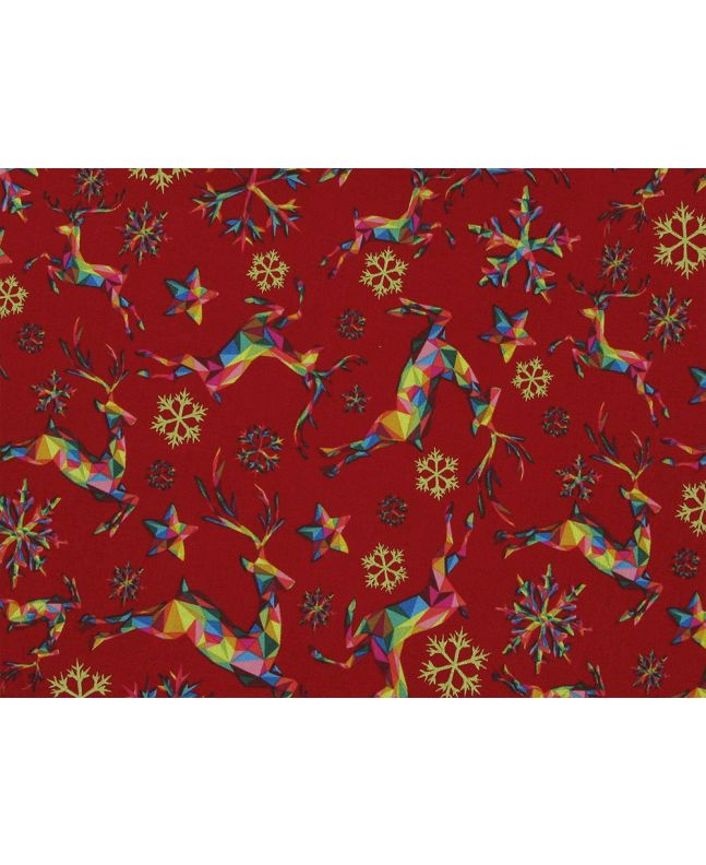 Rainbow Christmas Metallic Cotton Print, Reindeer, Red