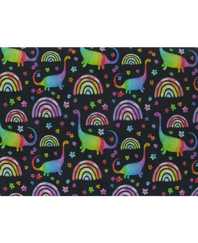 Rainbow Dino Cotton Print, Black
