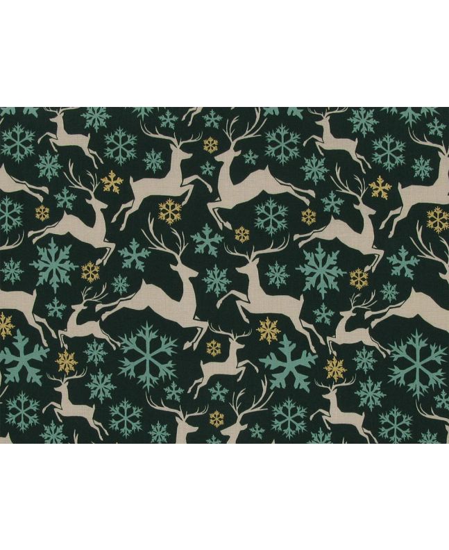 Reindeer Golden Snowflake Cotton Poplin Print, Green