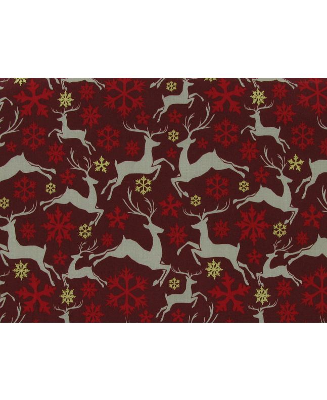 Reindeer Golden Snowflake Cotton Poplin Print, Red
