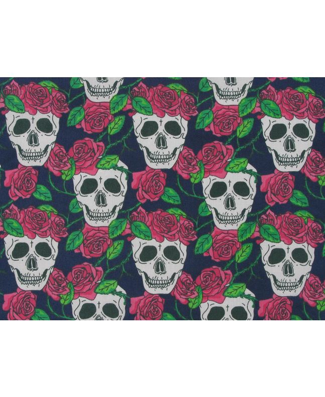 Rose Wreath Skull Polycotton Print, Navy