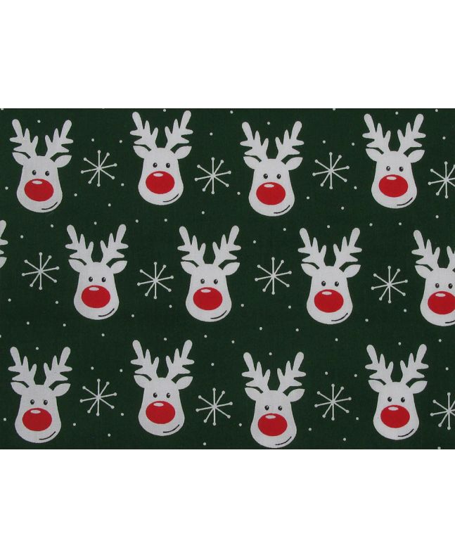 Rudolf Snowflake Christmas Polycotton Print, Green