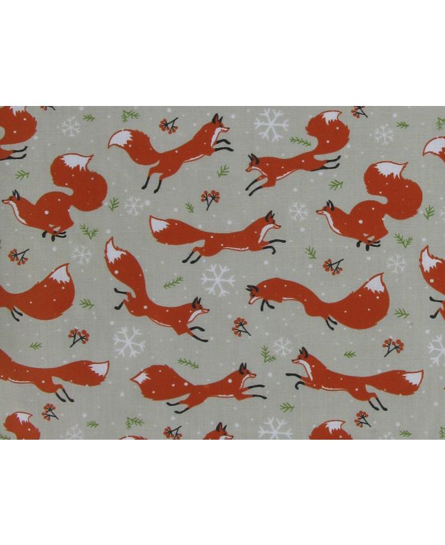 Running Fox Christmas Polycotton Print, Cream