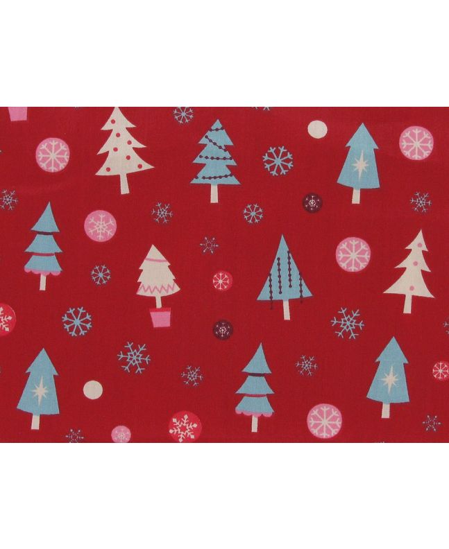 Snowflake Christmas Tree Cotton Print, Red