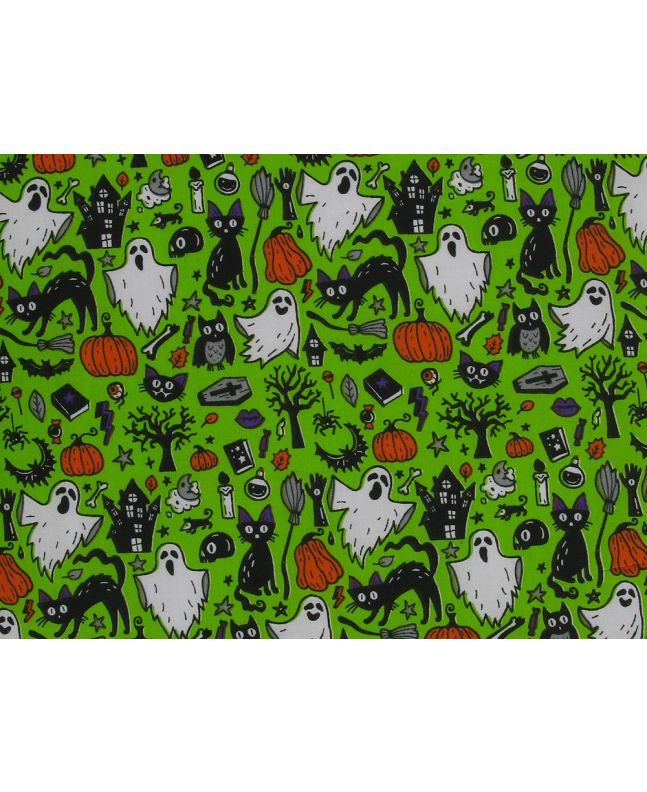 Spooky Night Halloween Polycotton Print, Lime