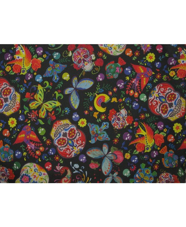 Sugar Skull Birds Cotton Rich Panama Canvas, Black