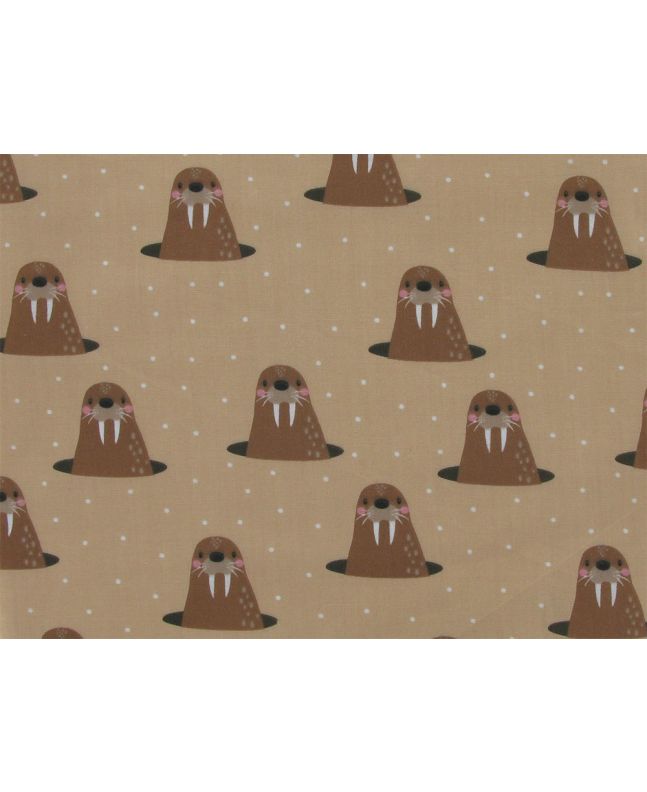 Whack a Walrus Christmas Polycotton Print, Biege
