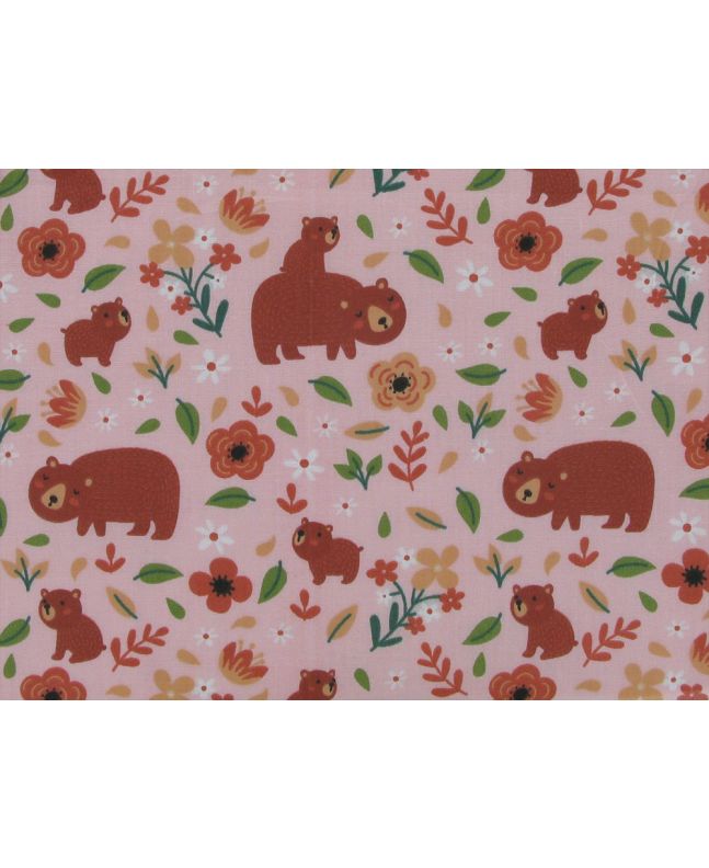 Woodland Bears Polycotton Print, Pink