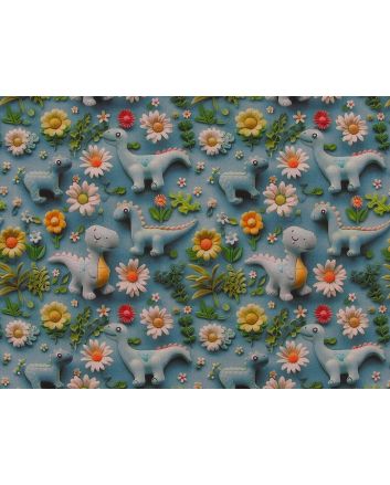 3D Fantasy Cotton Print, Dinosaur Garden