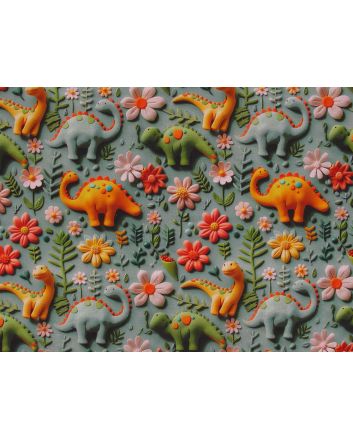 3D Fantasy Cotton Print, Floral Dinosaurs