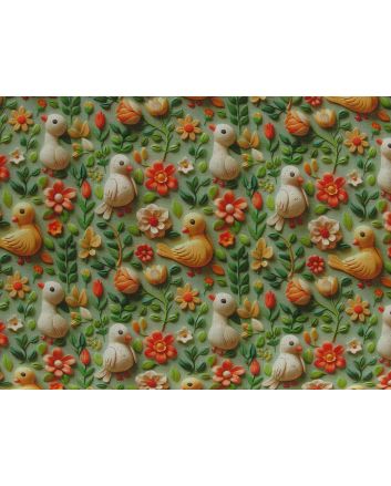 3D Fantasy Cotton Print, Floral Ducks