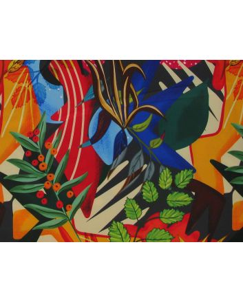 Abstract Jungle Faux Silk Stretch Charmeuse Satin, Red