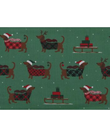 Christmas Sausage Dog Polycotton Print, Green